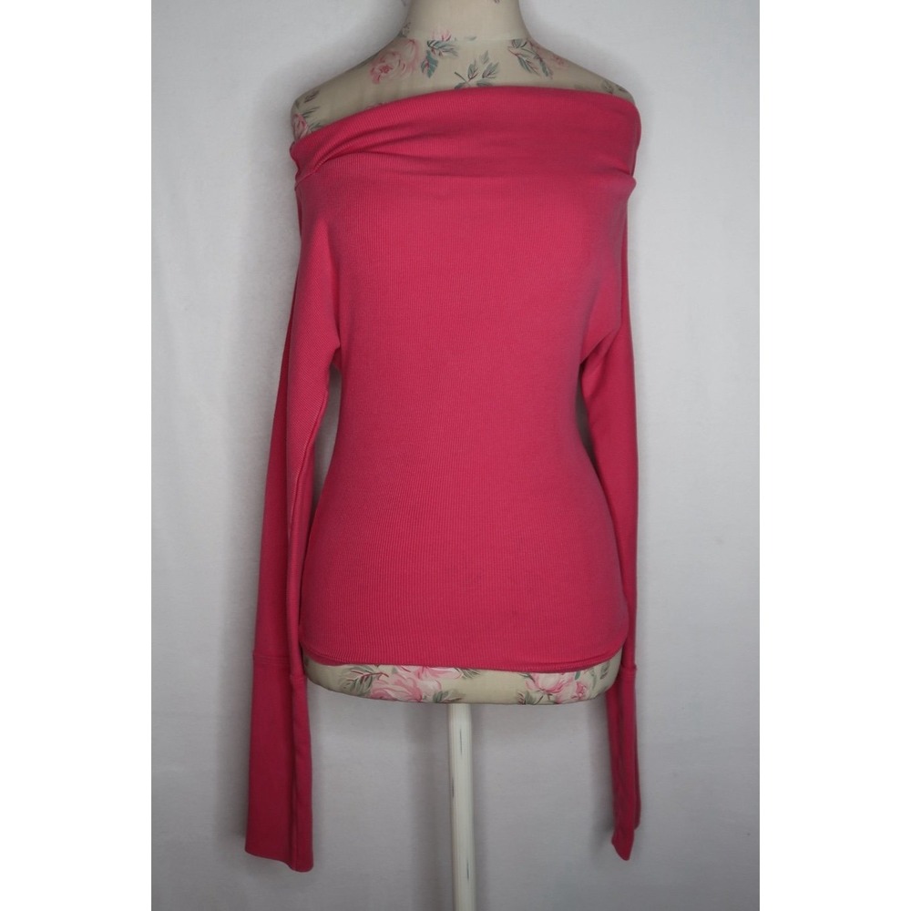 Free People We The Free Gigi Long Sleeve Tee Pink Off Shoulder Ribbed Top Sz S